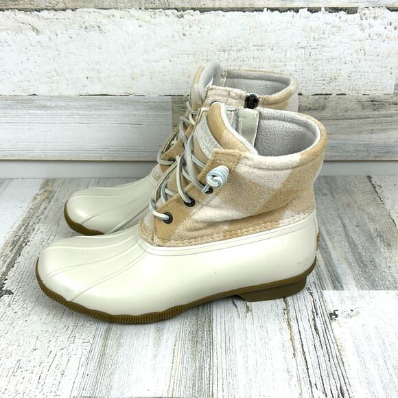 Sperry Women’s 7.5 Saltwater Cream Tan Buffalo Check Wool Ivory Duck Boots NEW - Picture 1 of 11